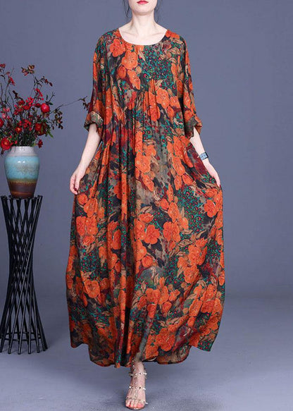 Orange Print O-neck Asymmetrical Design Summer Silk Long Dresses