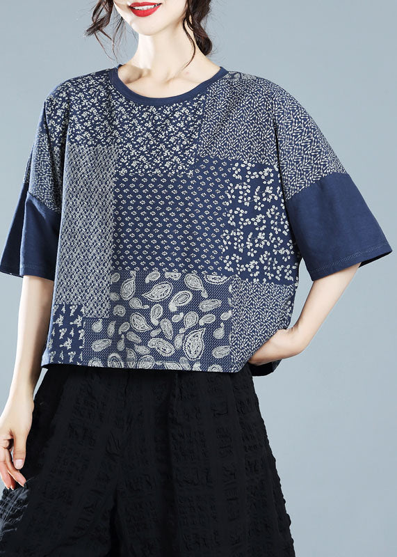 Navy O-neck Patchwork Print Cotton Tanks Half Sleeve