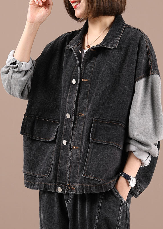 Black Patchwork Pockets Fall Denim Jackets Long Sleeve