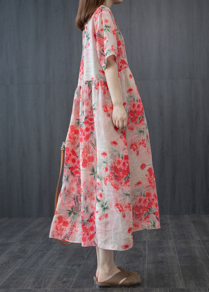 Red V Neck Wrinkled Patchwork Linen Dresses Short Sleeve