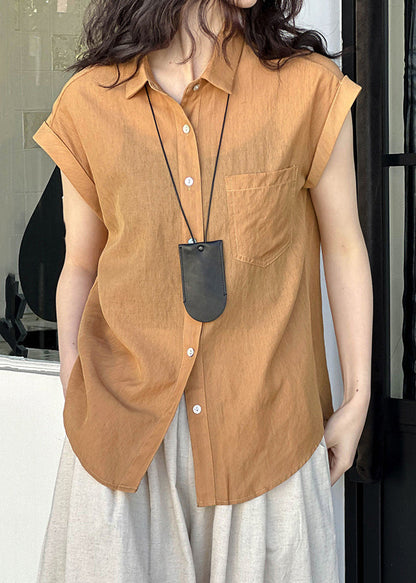 Orange Peter Pan Collar Button Silk Cotton Shirt Summer