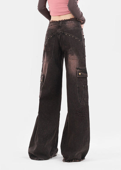 Italian Brown Pockets Patchwork Denim Straight Pants Spring