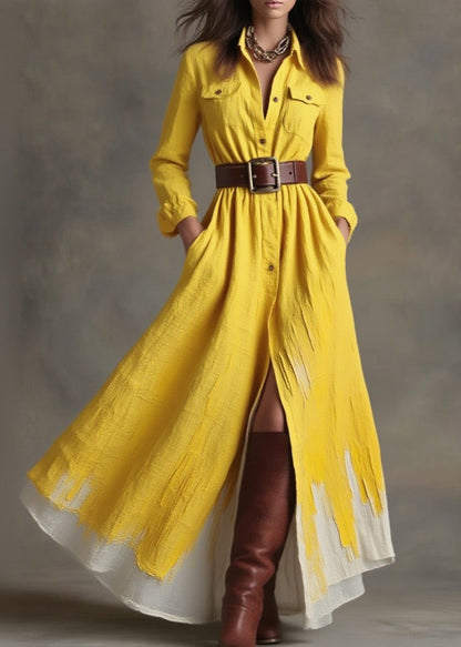 Yellow Peter Pan Collar Pockets Button Cotton Dress Spring