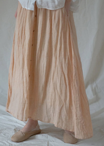 Orange Elastic Waist Wrinkled Linen a Line Skirts Spring
