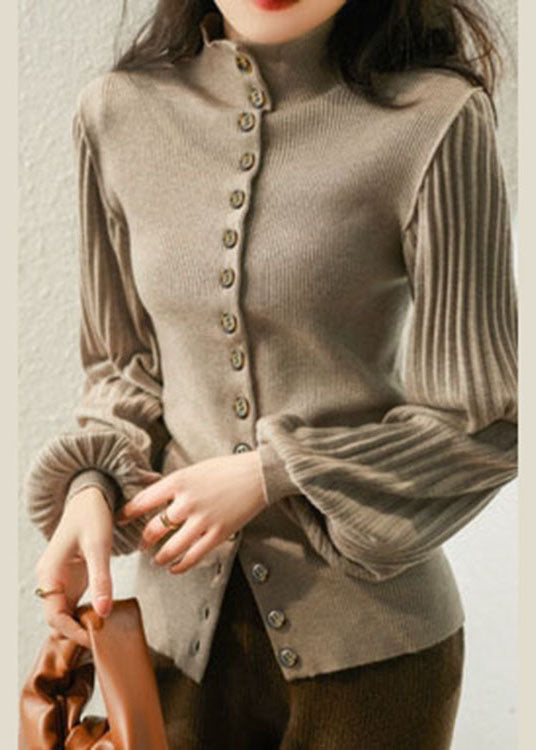 Natural Khaki Retro Button Lantern Sleeve Slim Fit Fall Sweater