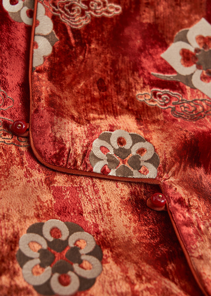 Brick Red Jacquard Silk Velvet Vests Sleeveless