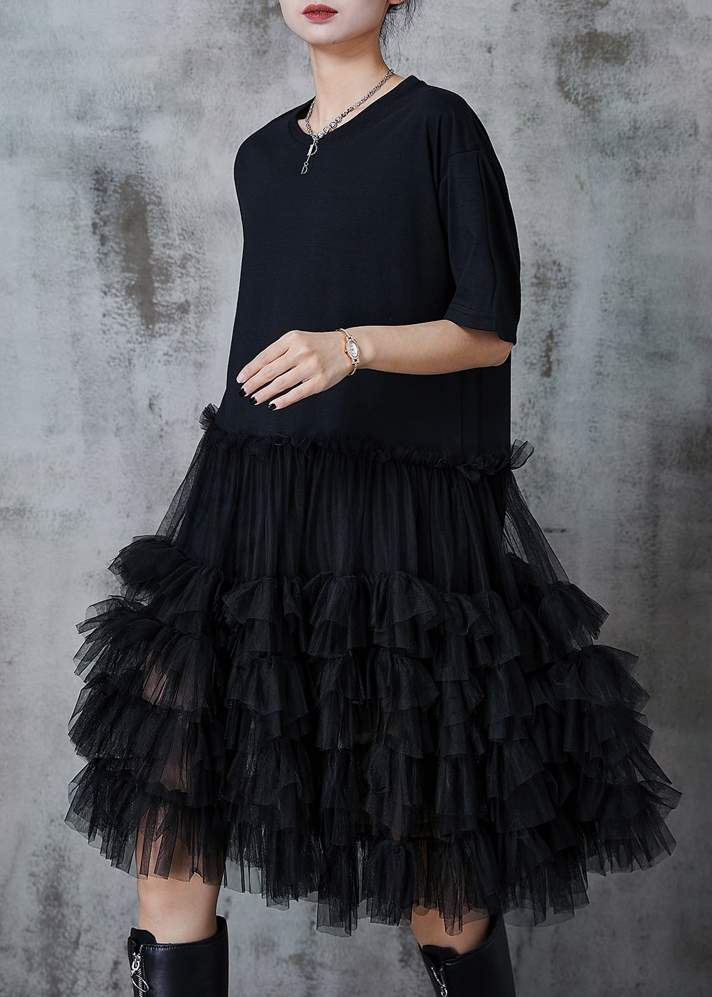 Black Oversized Patchwork Cotton Dresses Summer