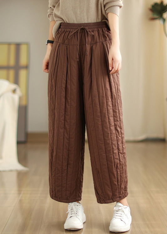 Coffee Cinched Pockets Patchwork Fine Cotton Filled Pants Winter