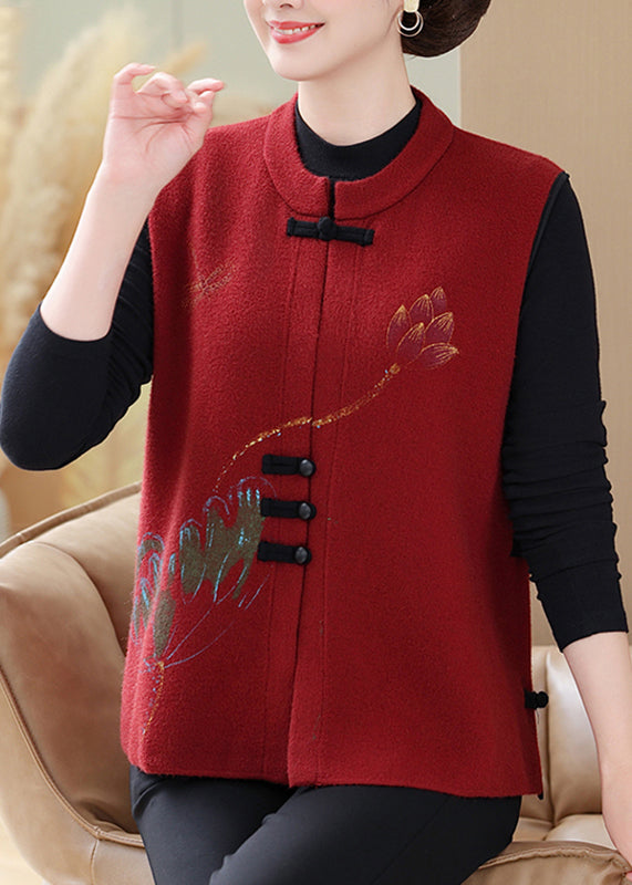 Red Embroidered Knit Waistcoat Sleeveless