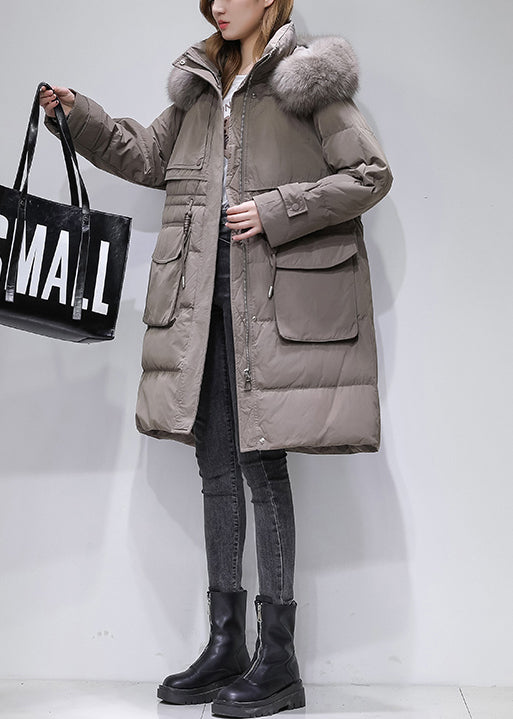 Boutique Beige Fur Collar Hooded Drawstring Cotton Blend Coat Winter
