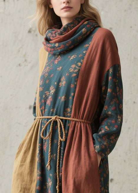 Colorblock Cinched Print Cotton Robe Dresses Fall