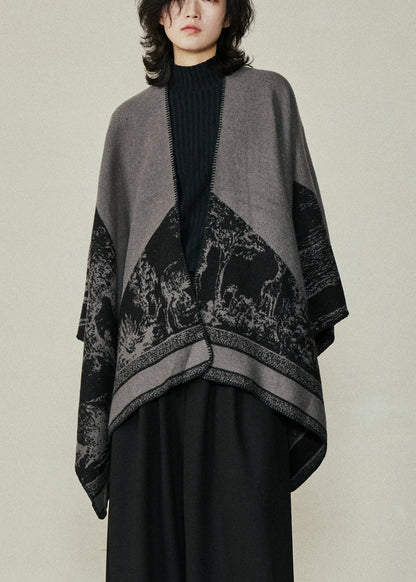 Organic Black V Neck Print Cotton Knit Shawl Coats Fal