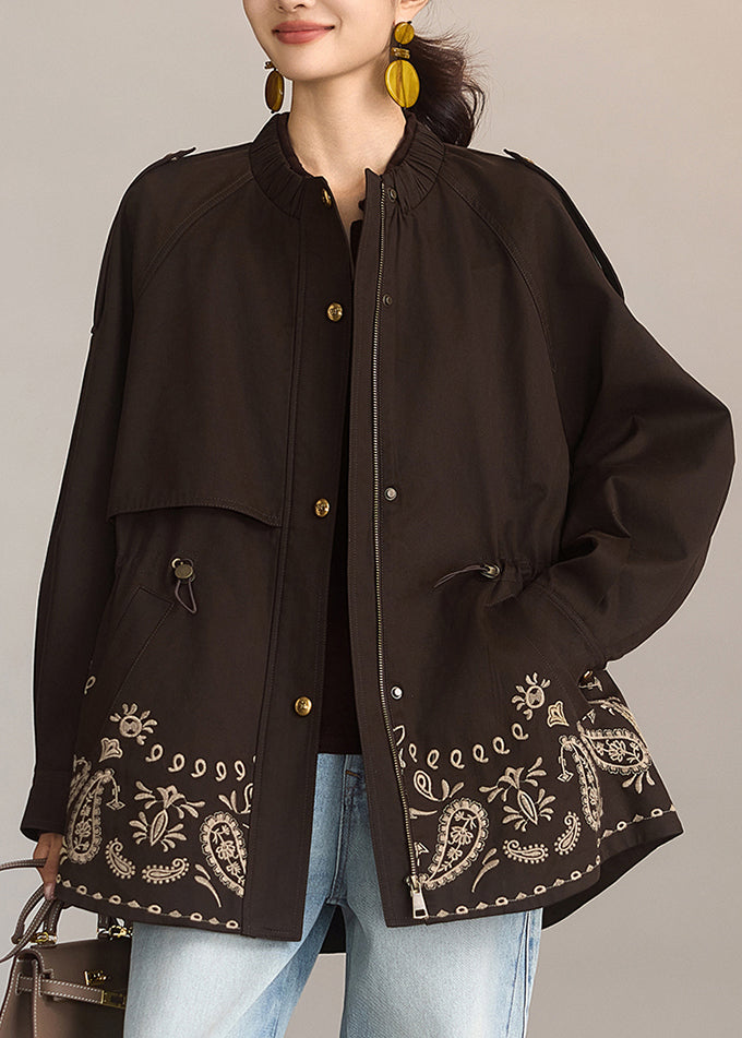 Coffee Print Drawstring Pockets Coat Spring