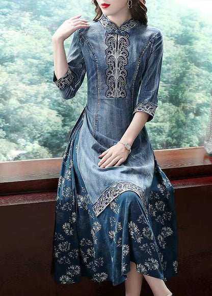 Blue Mandarin Collar Embroideried Patchwork Cotton Denim Fake Two Piece Dress Half Sleeve