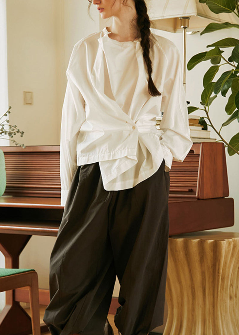 Style White Asymmetrical Button Cotton Shirt Tops Long Sleeve Fall