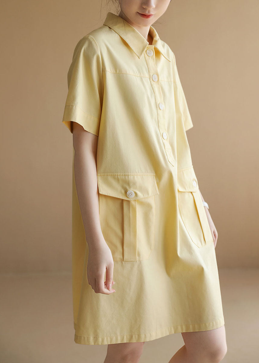 Classy Yellow Peter Pan Collar Pockets Button Cotton Maxi Dress Short Sleeve