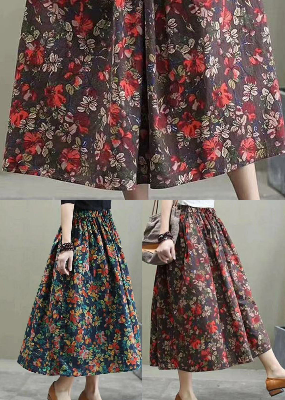 Red Elastic Waist Print Cotton Skirts Spring