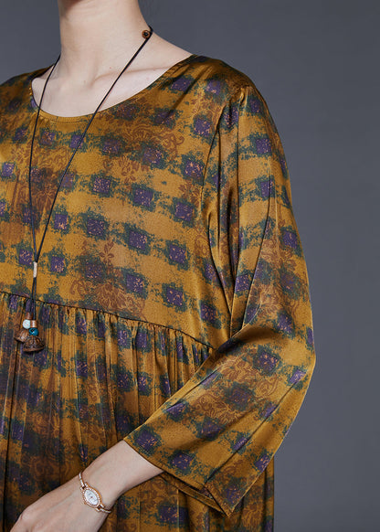 Golden Oversized Print Silk Dress Summer