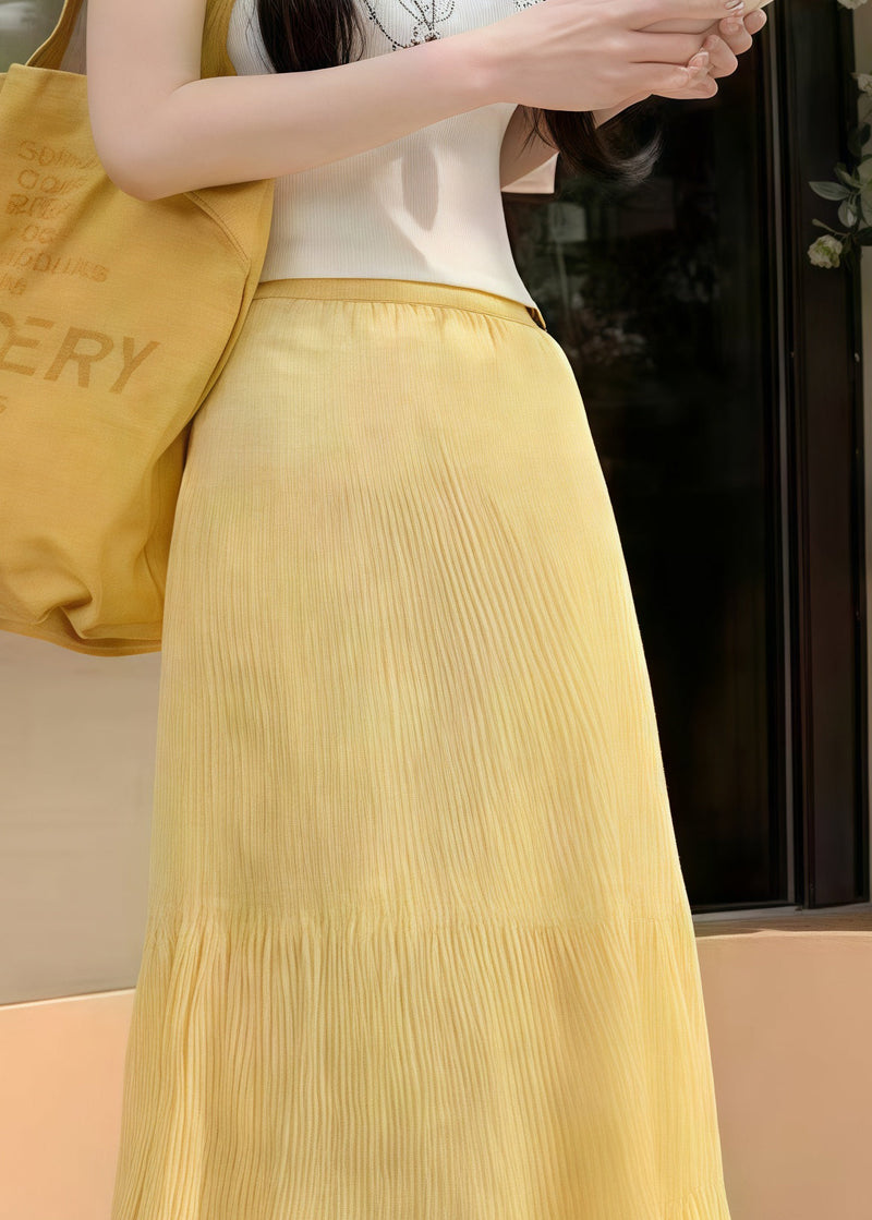 Yellow Elastic Waist Wrinkled Holiday Skirt Summer