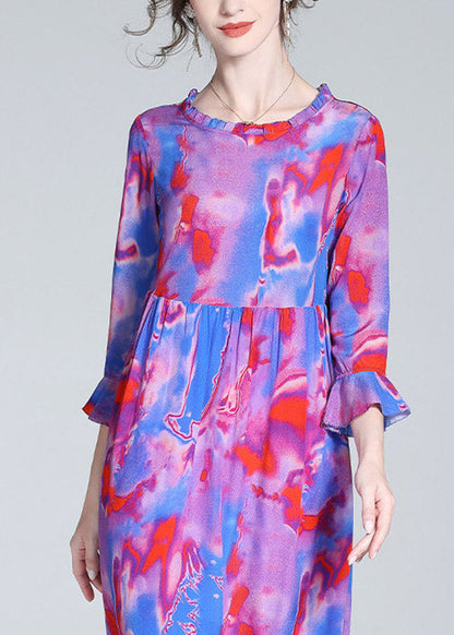 Modern Purple O-neck Ruffled Print Cinched Silk Mid Dress Flare Sleeve
