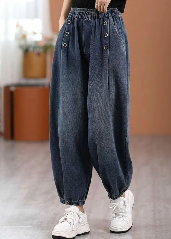 Blue Pockets Elastic Waist Denim Pants Fall
