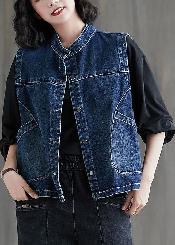 Loose Black Grey Colour O-neck Patchwork Button Pockets Denim Waistcoat Sleeveless