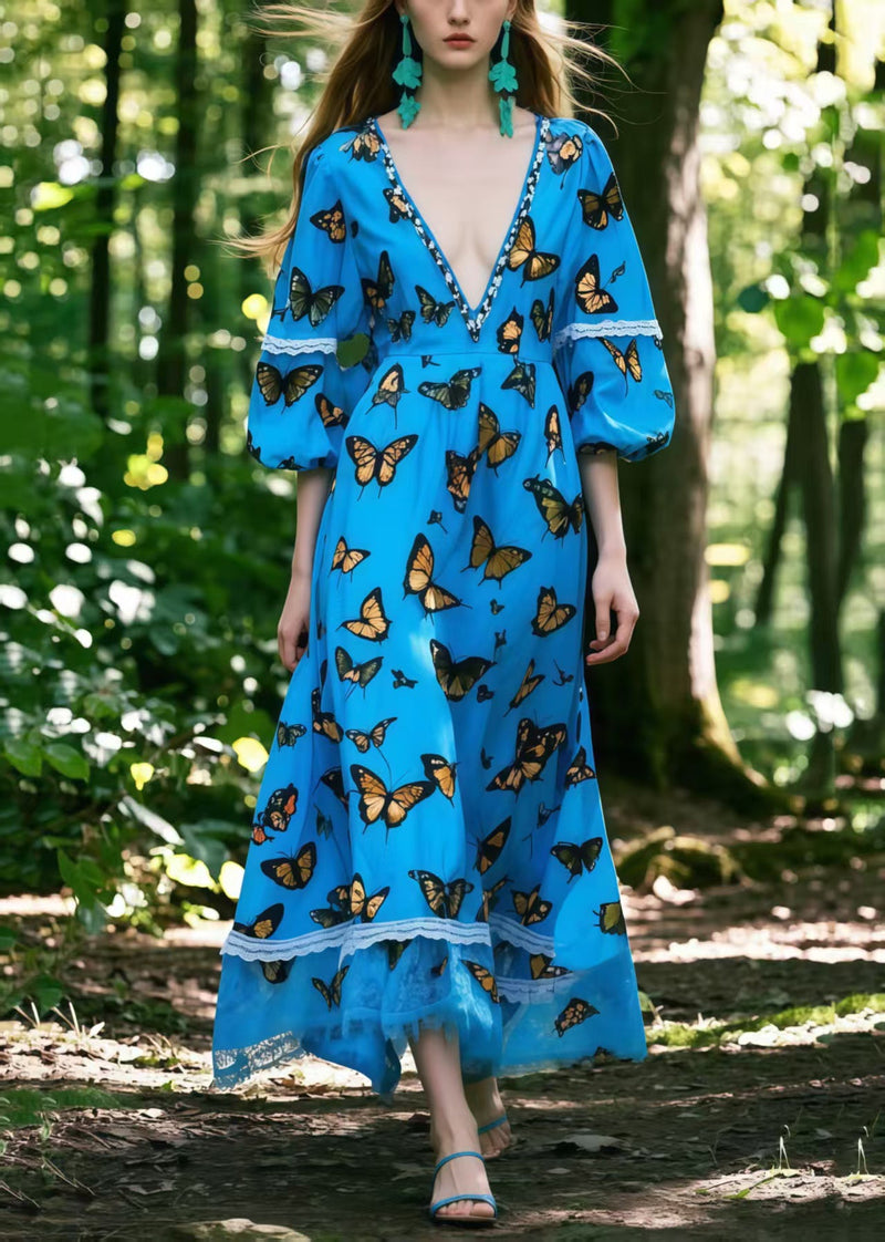 French Blue Deep-v Neck Print Cotton Long Dresses Lantern Sleeve