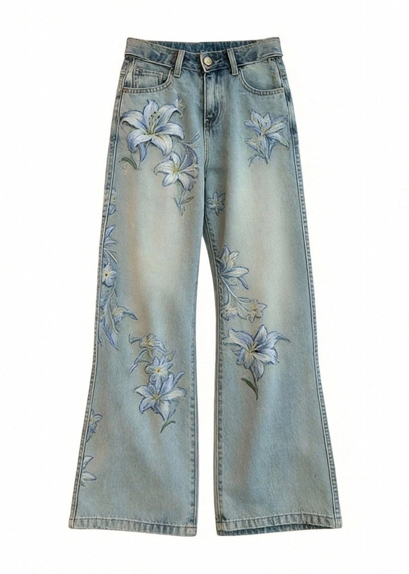 Blue Embroidered Denim Wide Leg Pants Spring