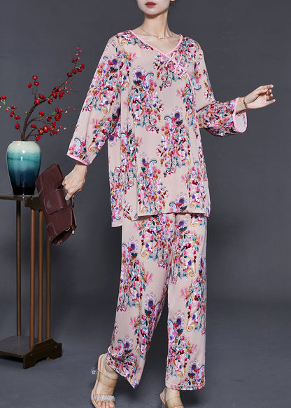 Khaki Print Cotton Two-piece Set Chinese Button Summer