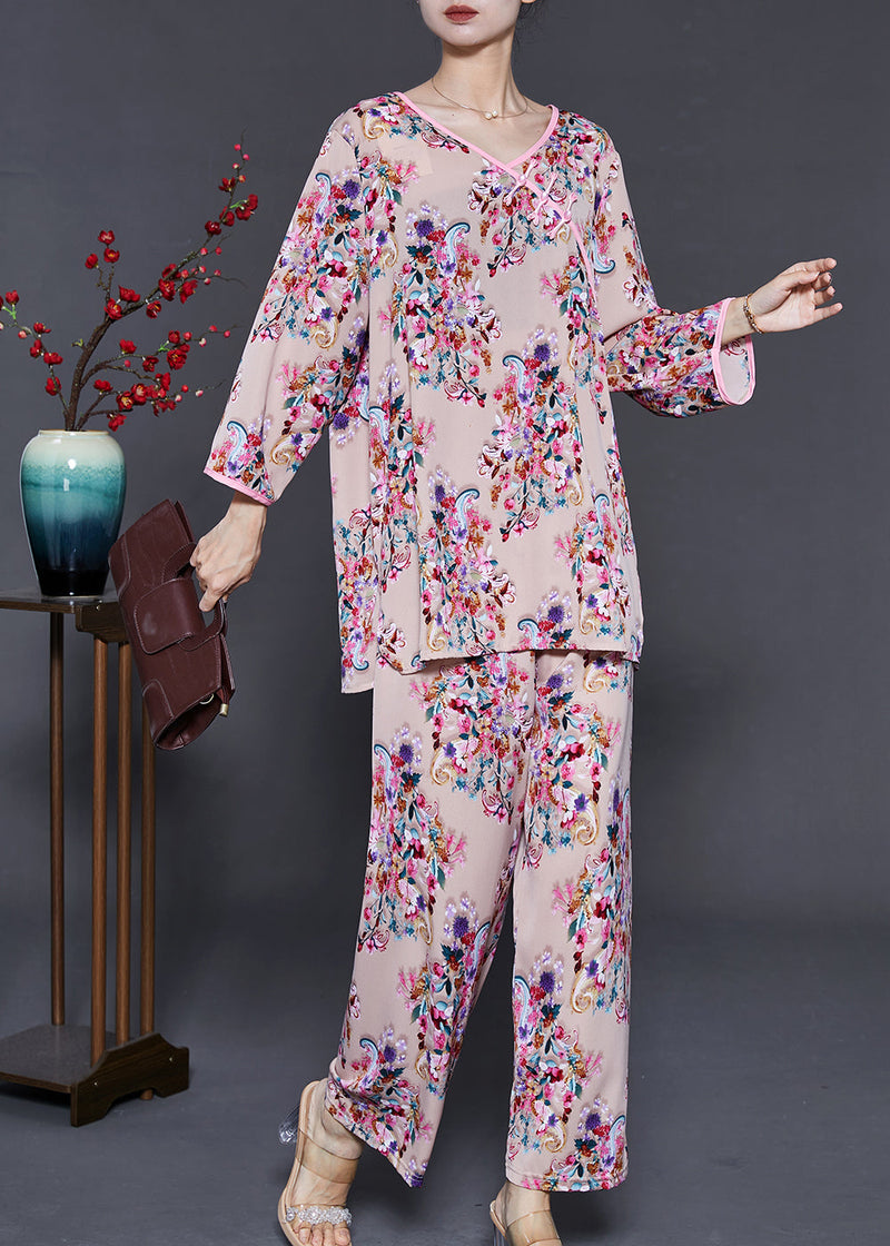 Khaki Print Cotton Two-piece Set Chinese Button Summer