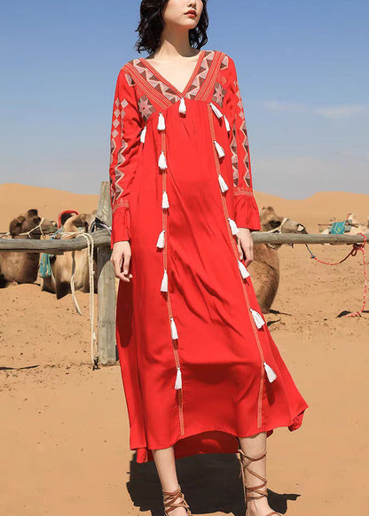 Red Tasseled Patchwork Cotton Fall Long Dress V Neck