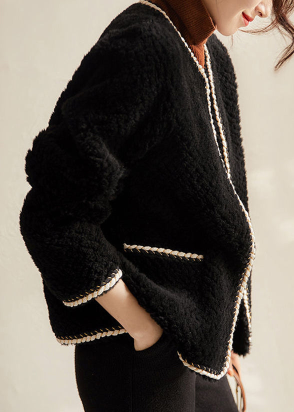 Black O Neck Pockets Patchwork Wool Coat Winter