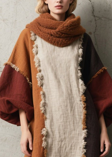 Colorblock Asymmetrical Patchwork Faux Fur Dress Lantern Sleeve