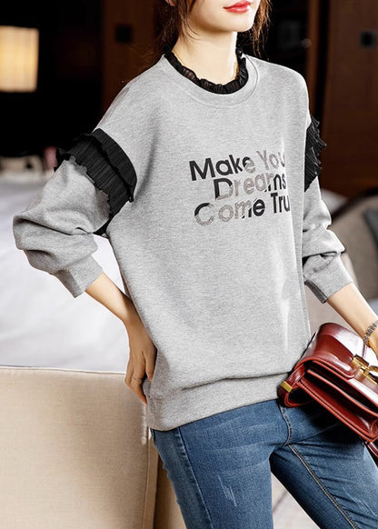 Grey Ruffled Print Patchwork Cotton Sweatshirts Long Sleeve