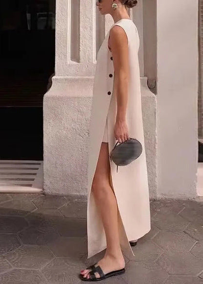 White Side Open Cotton a Line Dress Sleeveless Summer