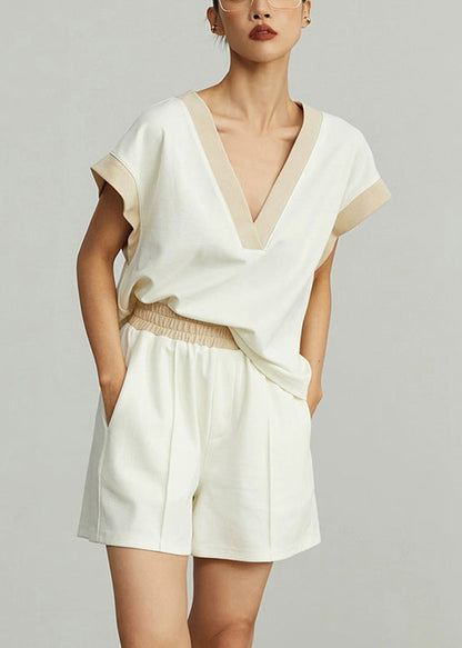Apricot Pockets T Shirt and Shorts Cotton Summer Two Pieces Set V Neck