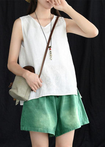 Blue Embroideried Sleeveless Linen Shirt Tops Summer
