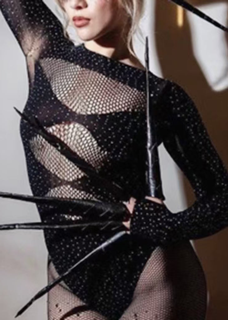Hot Black Sheer Dot Mesh Bodysuit