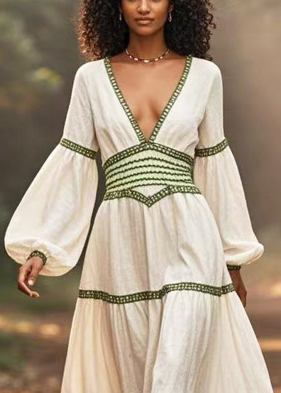 White Cinched Patchwork Cotton Long Dresses Lantern Sleeve