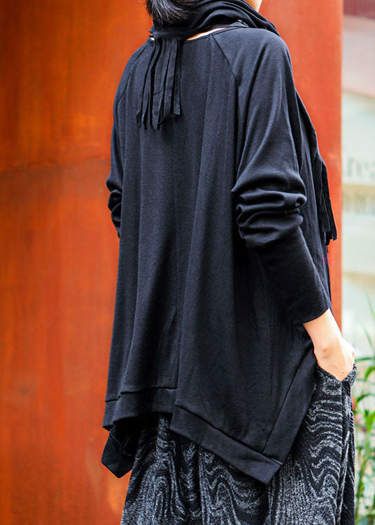 Black O-neck Tasseled Asymmetrical Design Spring Tops Long Sleeve