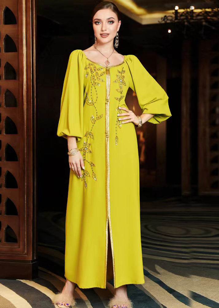 Diy Yellow Patchwork Beaded Light Silk Dress Fall