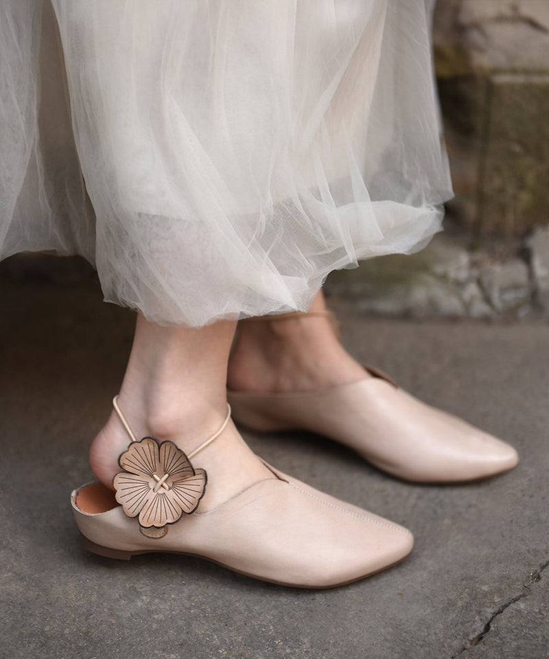 Apricot Cowhide Leather Sandals Splicing Pointed Toe