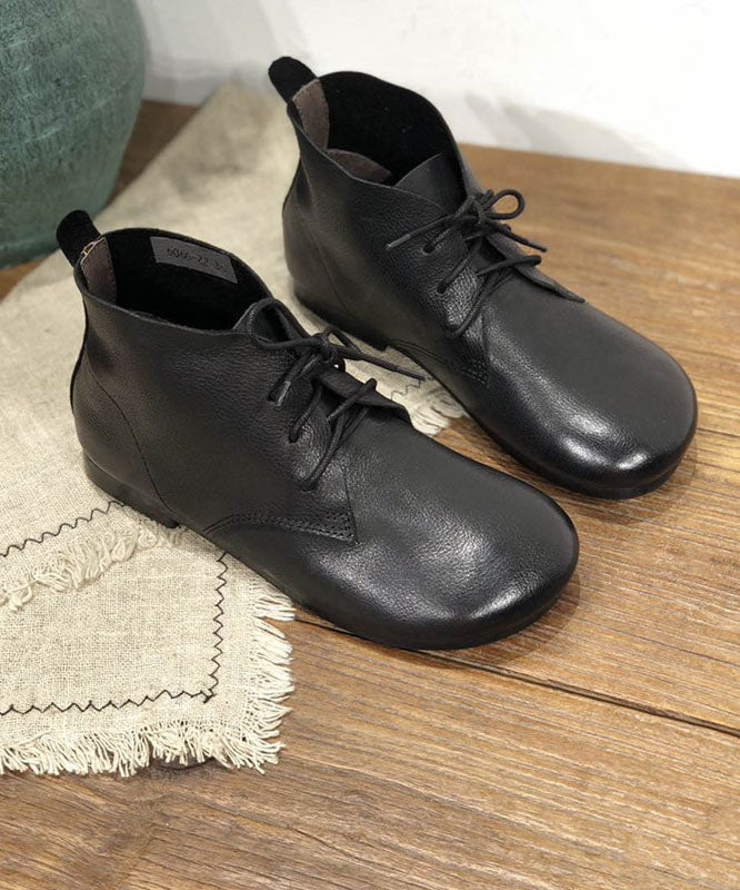 Lace Up Flat Feet Shoes Comfy Black Cowhide Leather