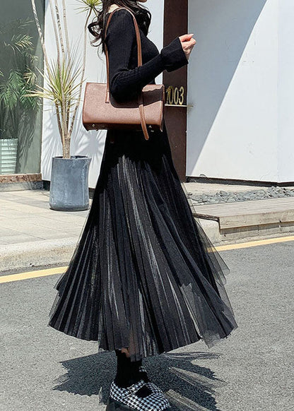 French Black Patchwork Tulle Skirts Spring