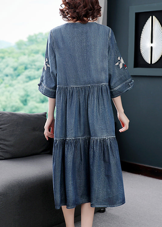 Blue V Neck Embroideried Cotton Holiday Denim Dress Half Sleeve
