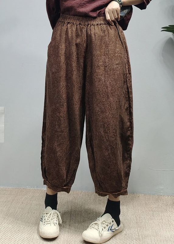 Handmade Red Elastic Waist Pocket Print Linen Lantern Pants Spring