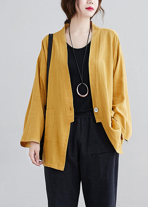 Yellow V Neck Pockets Patchwork Cotton Cardigan Fall