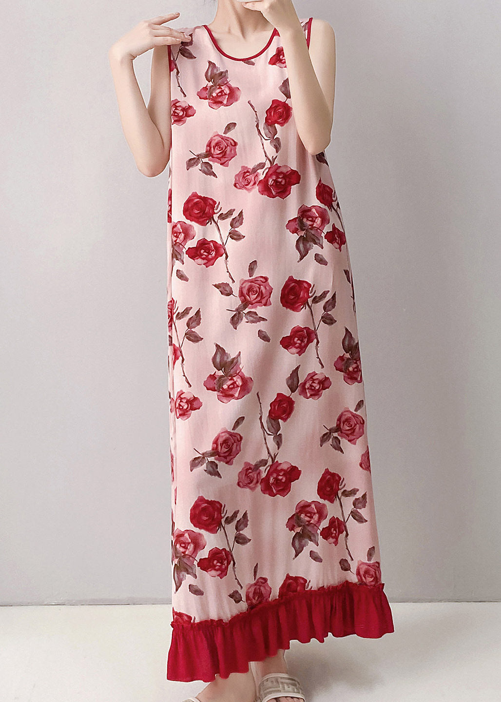 Red O-neck Print Long Dresses Summer