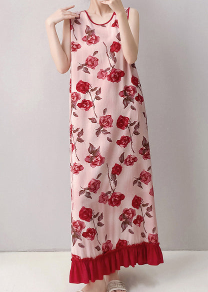 Red O-neck Print Long Dresses Summer