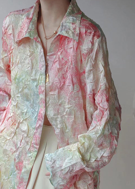 Italian Peter Pan Collar Tie Dye Wrinkled Silk Shirt Top Fall